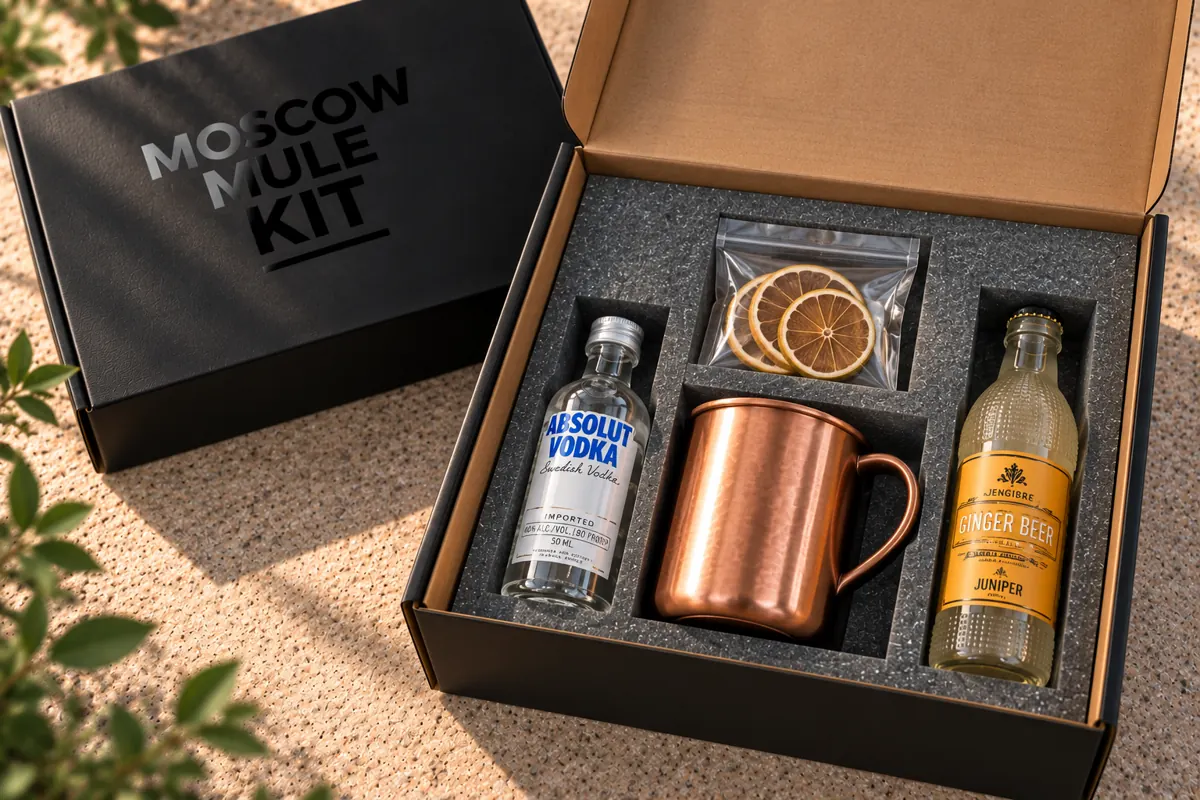 Kit Moscow Mule: vodka Absolut 50 ml, ginger beer Juniper, vaso de cobre y deshidratados